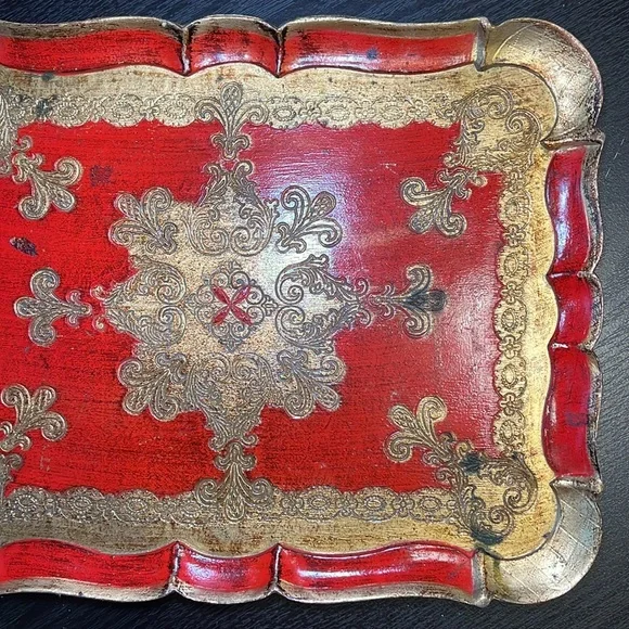 Vintage Italian Red Gold Gilded Wooden Florentine Rectangular Tray - Picture 4 of 13